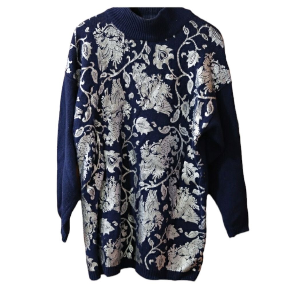 Gladys Bagley Oversized Longline Tunic & Skirt Set Metallic Silver Griffin Print